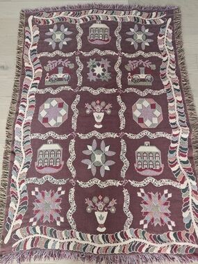 Vintage Folk Art Woven Tapestry Throw Blanket Reversible Colonial Country Scene